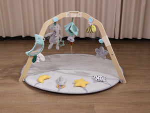 Natural wooden design activity play mat with muti-sensory toys